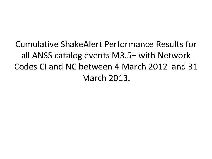 Cumulative Shake. Alert Performance Results for all ANSS catalog events M 3. 5+ with