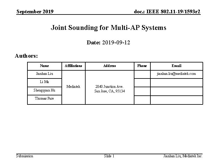 September 2019 doc. : IEEE 802. 11 -19/1593 r 2 Joint Sounding for Multi-AP