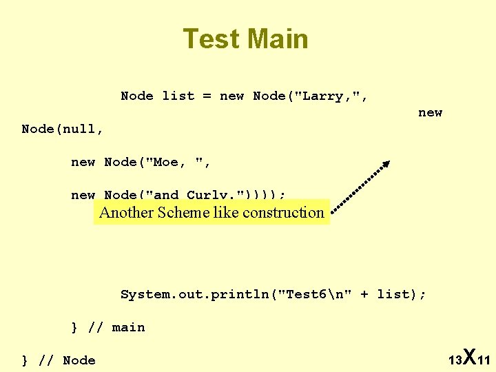 Test Main Node list = new Node("Larry, ", new Node(null, new Node("Moe, ", new