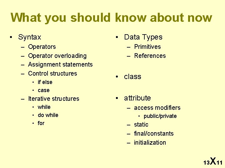 What you should know about now • Syntax – – Operators Operator overloading Assignment