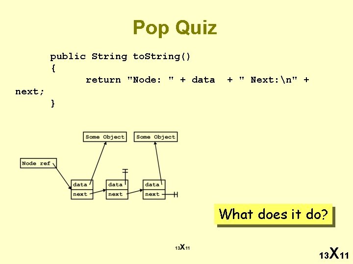 Pop Quiz public String to. String() { return "Node: " + data + "