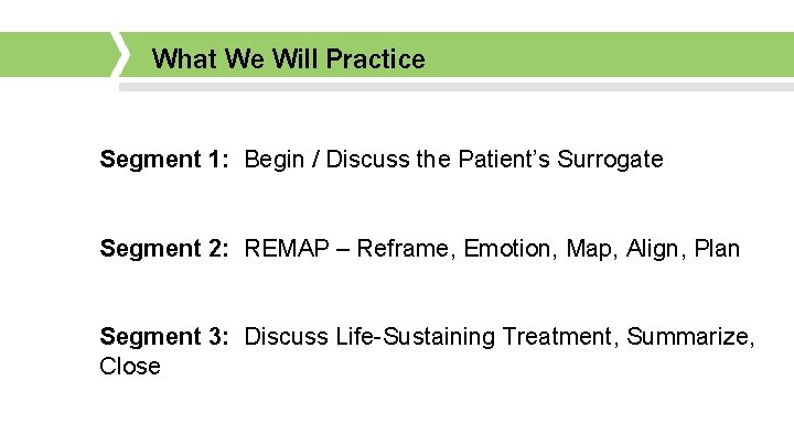 What We Will Practice Segment 1: Begin / Discuss the Patient’s Surrogate Segment 2: