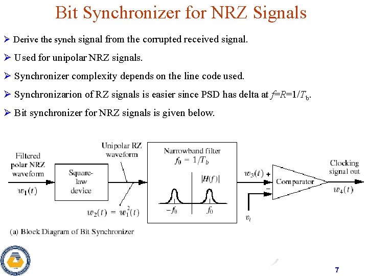 Bit Synchronizer for NRZ Signals Ø Derive the synch signal from the corrupted received
