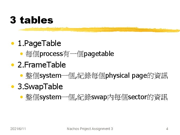 3 tables • 1. Page. Table • 每個process有一個pagetable • 2. Frame. Table • 整個system一個,