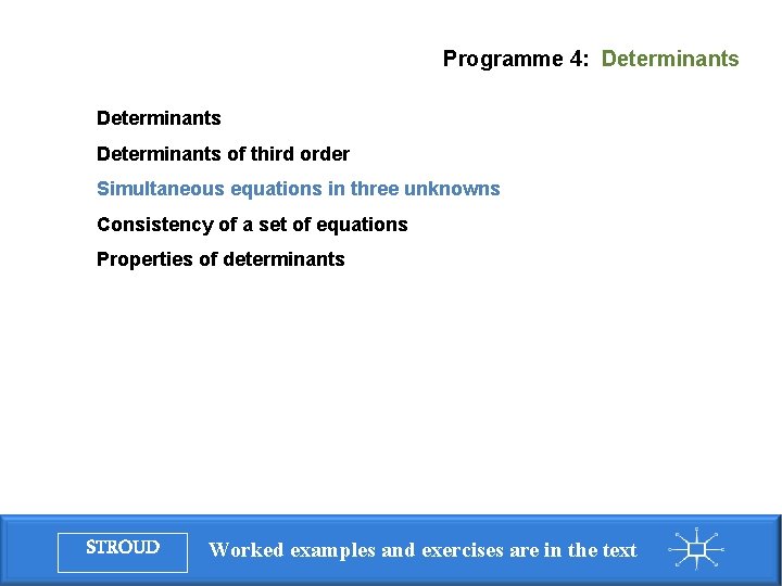 Programme 4: Determinants of third order Simultaneous equations in three unknowns Consistency of a