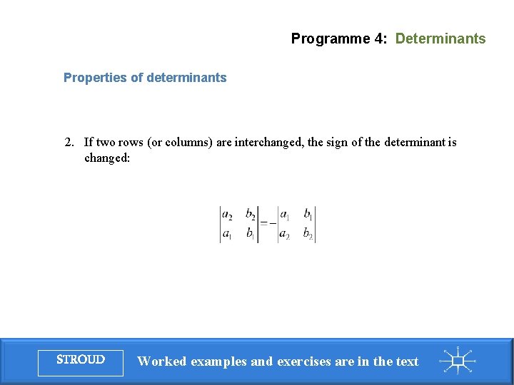 Programme 4: Determinants Properties of determinants 2. If two rows (or columns) are interchanged,