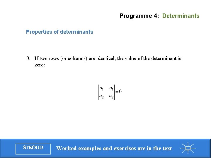 Programme 4: Determinants Properties of determinants 3. If two rows (or columns) are identical,