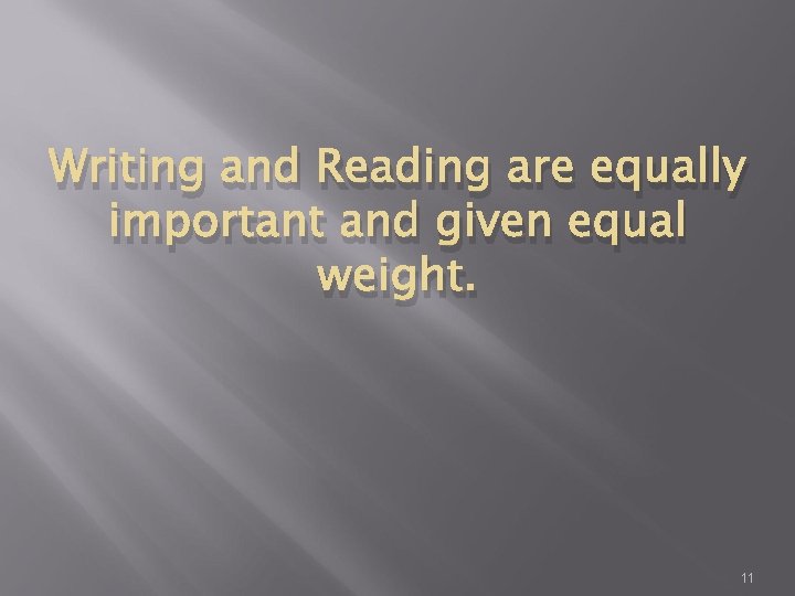 Writing and Reading are equally important and given equal weight. 11 Writing and Reading are equally important and given equal weight. 11