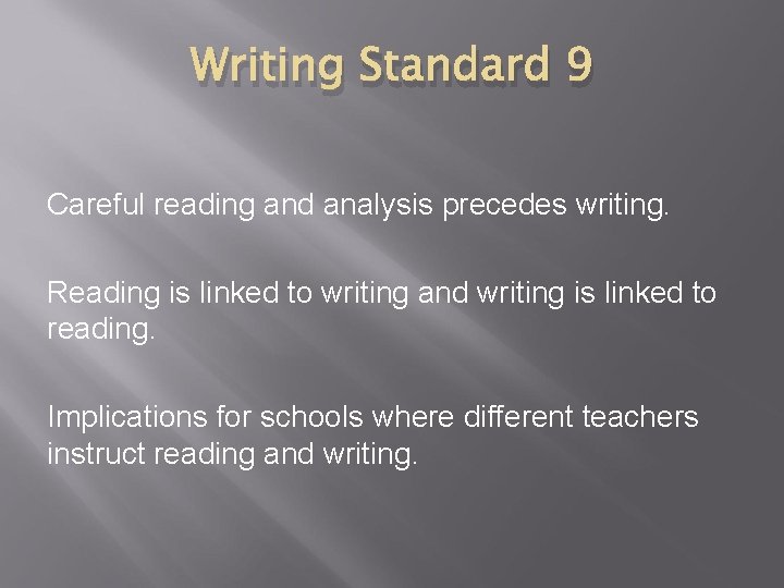 Writing Standard 9 Careful reading and analysis precedes writing. Reading is linked to writing Writing Standard 9 Careful reading and analysis precedes writing. Reading is linked to writing