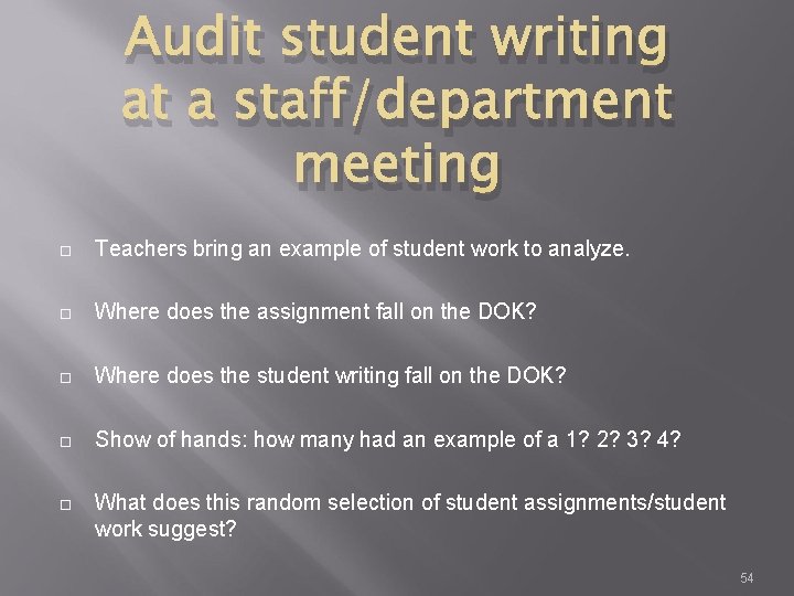 Audit student writing at a staff/department meeting Teachers bring an example of student work