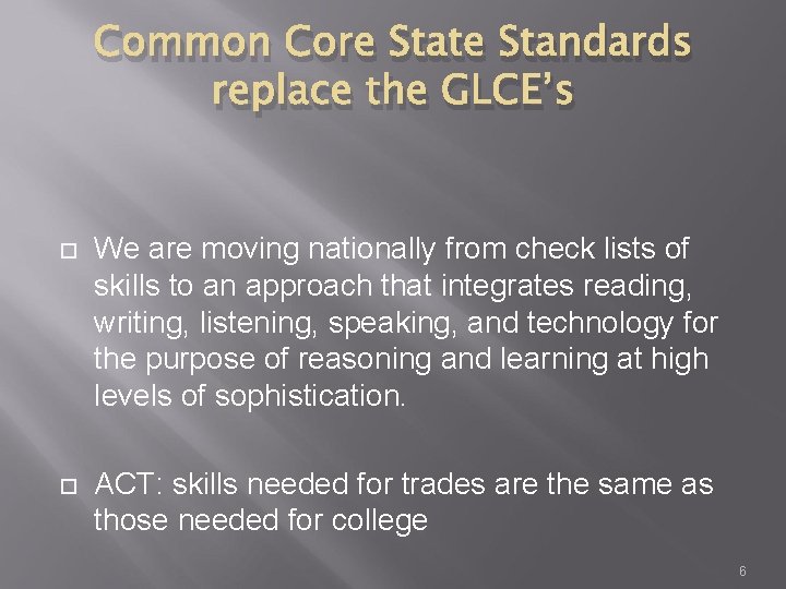 Common Core State Standards replace the GLCE’s We are moving nationally from check lists