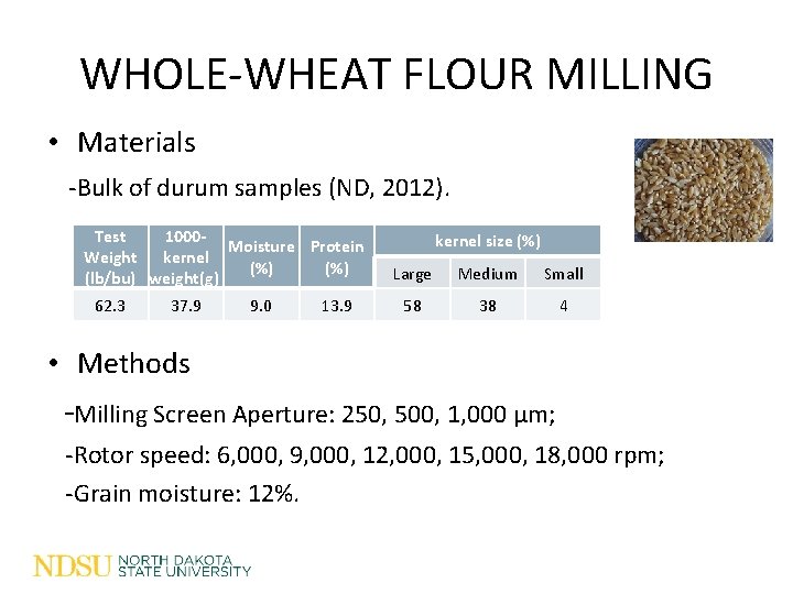 WHOLE-WHEAT FLOUR MILLING • Materials -Bulk of durum samples (ND, 2012). Test 1000 Moisture WHOLE-WHEAT FLOUR MILLING • Materials -Bulk of durum samples (ND, 2012). Test 1000 Moisture