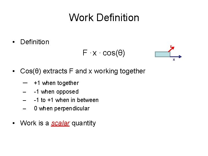 Work Definition • Definition F. x. cos(θ) F x • Cos(θ) extracts F and