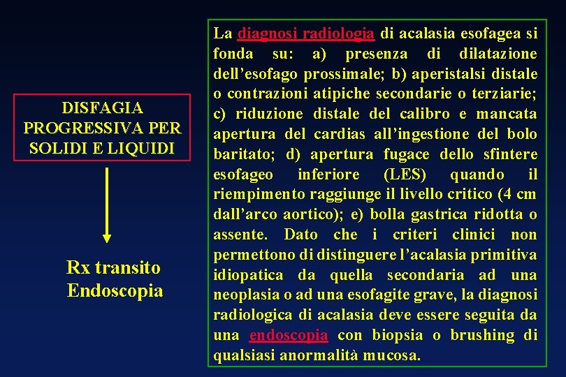 DISFAGIA PROGRESSIVA PER SOLIDI E LIQUIDI Rx transito Endoscopia La diagnosi radiologia di acalasia DISFAGIA PROGRESSIVA PER SOLIDI E LIQUIDI Rx transito Endoscopia La diagnosi radiologia di acalasia