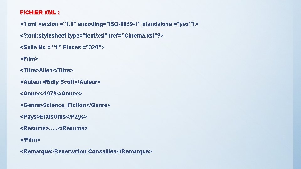 FICHIER XML : <? xml version ="1. 0" encoding="ISO-8859 -1" standalone ="yes"? > <?