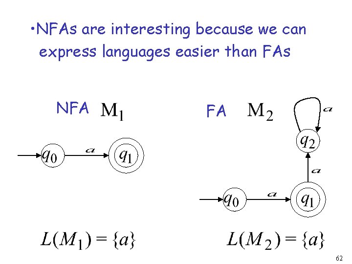  • NFAs are interesting because we can express languages easier than FAs NFA