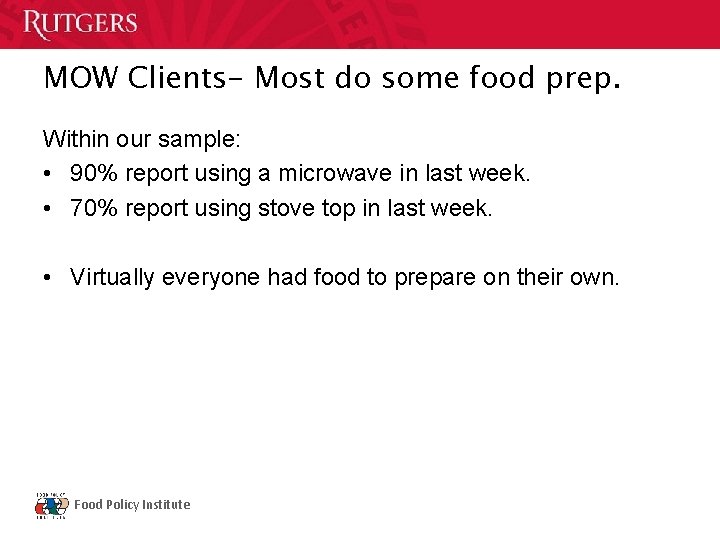 MOW Clients- Most do some food prep. Within our sample: • 90% report using