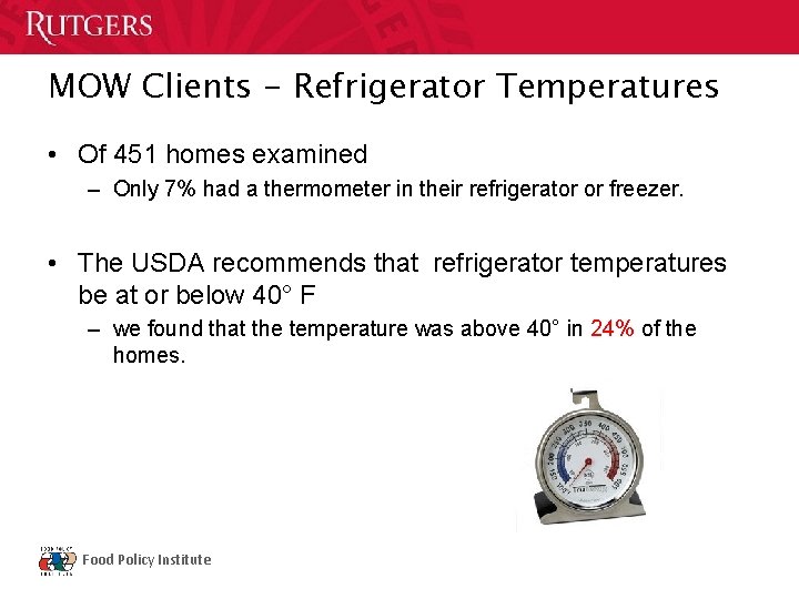 MOW Clients - Refrigerator Temperatures • Of 451 homes examined – Only 7% had