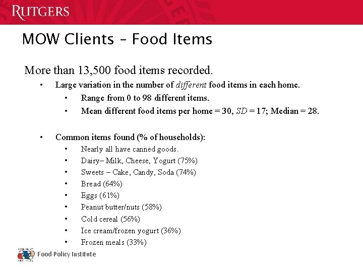 MOW Clients – Food Items More than 13, 500 food items recorded. • Large