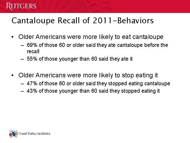 Cantaloupe Recall of 2011 -Behaviors • Older Americans were more likely to eat cantaloupe