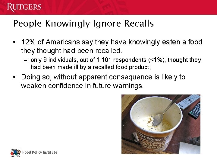 People Knowingly Ignore Recalls • 12% of Americans say they have knowingly eaten a