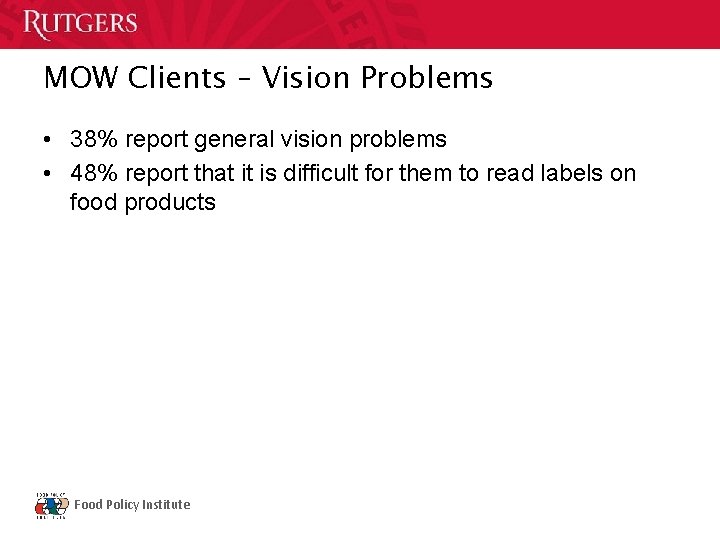 MOW Clients – Vision Problems • 38% report general vision problems • 48% report