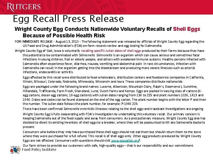 Egg Recall Press Release Wright County Egg Conducts Nationwide Voluntary Recalls of Shell Eggs