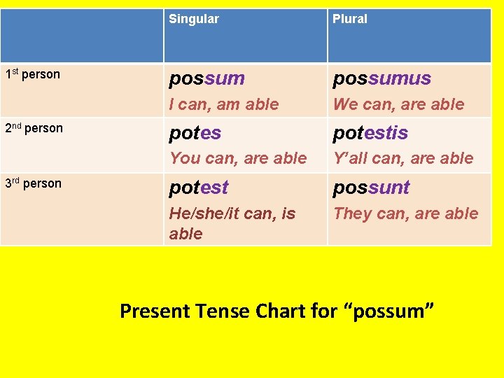 1 st person 2 nd person 3 rd person Singular Plural possumus I can,