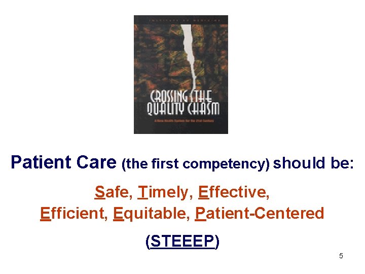 Patient Care (the first competency) should be: Safe, Timely, Effective, Efficient, Equitable, Patient-Centered (STEEEP)