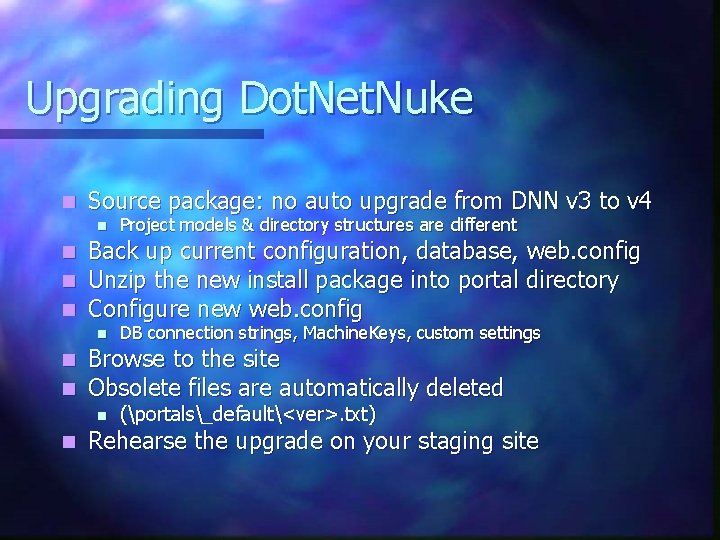 Upgrading Dot. Net. Nuke n Source package: no auto upgrade from DNN v 3