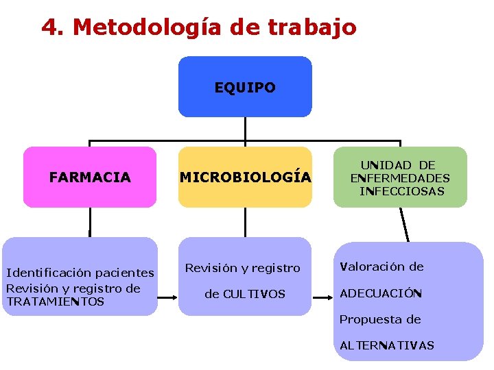 4. Metodología de trabajo EQUIPO FARMACIA Identificación pacientes Revisión y registro de TRATAMIENTOS MICROBIOLOGÍA 4. Metodología de trabajo EQUIPO FARMACIA Identificación pacientes Revisión y registro de TRATAMIENTOS MICROBIOLOGÍA