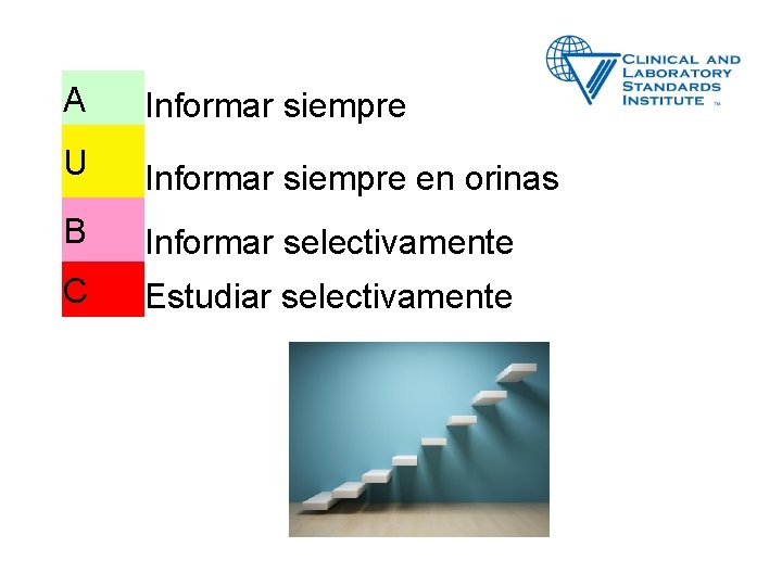A Informar siempre U Informar siempre en orinas B Informar selectivamente C Estudiar selectivamente A Informar siempre U Informar siempre en orinas B Informar selectivamente C Estudiar selectivamente