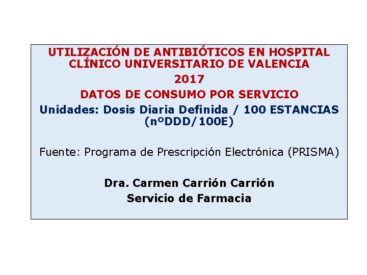 UTILIZACIÓN DE ANTIBIÓTICOS EN HOSPITAL CLÍNICO UNIVERSITARIO DE VALENCIA 2017 DATOS DE CONSUMO POR UTILIZACIÓN DE ANTIBIÓTICOS EN HOSPITAL CLÍNICO UNIVERSITARIO DE VALENCIA 2017 DATOS DE CONSUMO POR
