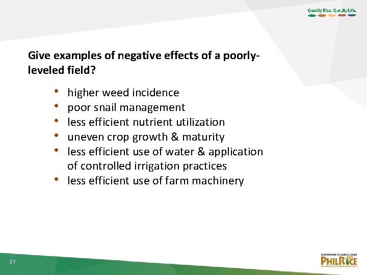 Give examples of negative effects of a poorlyleveled field? • • • 21 higher