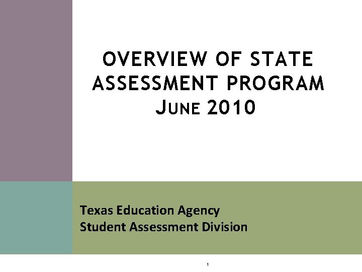OVERVIEW OF STATE ASSESSMENT PROGRAM J UNE 2010 Texas Education Agency Student Assessment Division OVERVIEW OF STATE ASSESSMENT PROGRAM J UNE 2010 Texas Education Agency Student Assessment Division