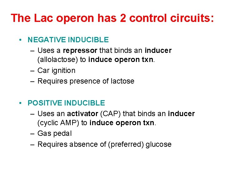 The Lac operon has 2 control circuits: • NEGATIVE INDUCIBLE – Uses a repressor The Lac operon has 2 control circuits: • NEGATIVE INDUCIBLE – Uses a repressor