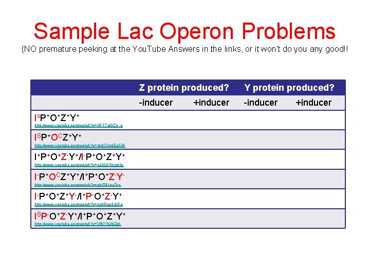 Sample Lac Operon Problems (NO premature peeking at the You. Tube Answers in the Sample Lac Operon Problems (NO premature peeking at the You. Tube Answers in the