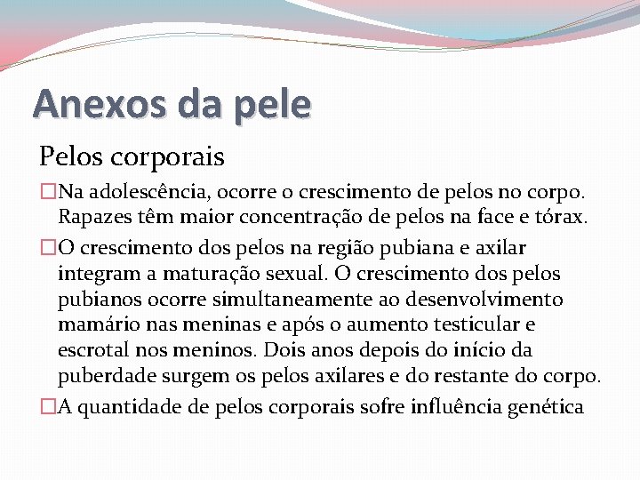 Anexos da pele Pelos corporais �Na adolescência, ocorre o crescimento de pelos no corpo.