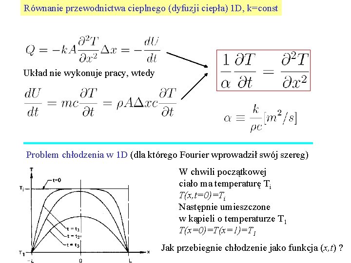 Równanie przewodnictwa cieplnego (dyfuzji ciepła) 1 D, k=const Układ nie wykonuje pracy, wtedy Problem