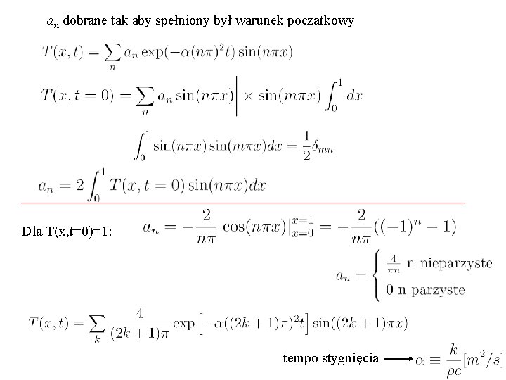 an dobrane tak aby spełniony był warunek początkowy Dla T(x, t=0)=1: tempo stygnięcia 