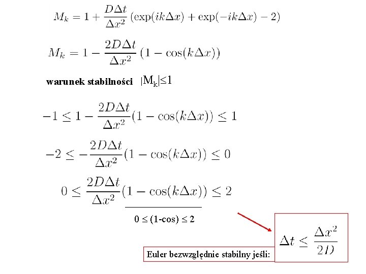 warunek stabilności |Mk| 1 0 (1 -cos) 2 Euler bezwzględnie stabilny jeśli: 