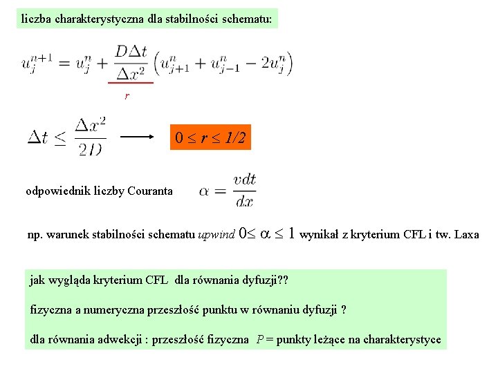liczba charakterystyczna dla stabilności schematu: r 0 r 1/2 odpowiednik liczby Couranta np. warunek