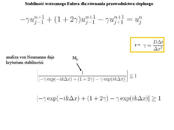 Stabilność wstecznego Eulera dla równania przewodnictwa cieplnego r= analiza von Neumanna daje kryterium stabilności:
