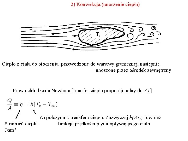 2) Konwekcja (unoszenie ciepła) Tc Ciepło z ciała do otoczenia: przewodzone do warstwy granicznej,