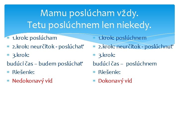 Mamu poslúcham vždy. Tetu poslúchnem len niekedy. 1. krok: poslúcham 2. krok: neurčitok -