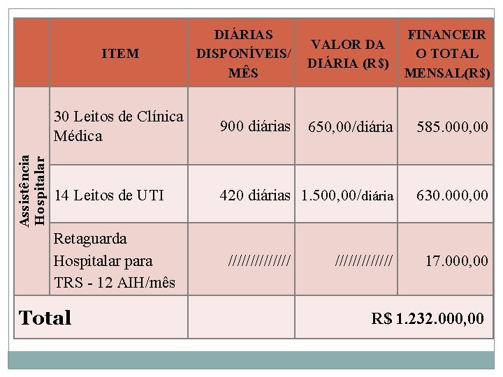 DIÁRIAS DISPONÍVEIS/ MÊS VALOR DA DIÁRIA (R$) FINANCEIR O TOTAL MENSAL(R$) 30 Leitos de