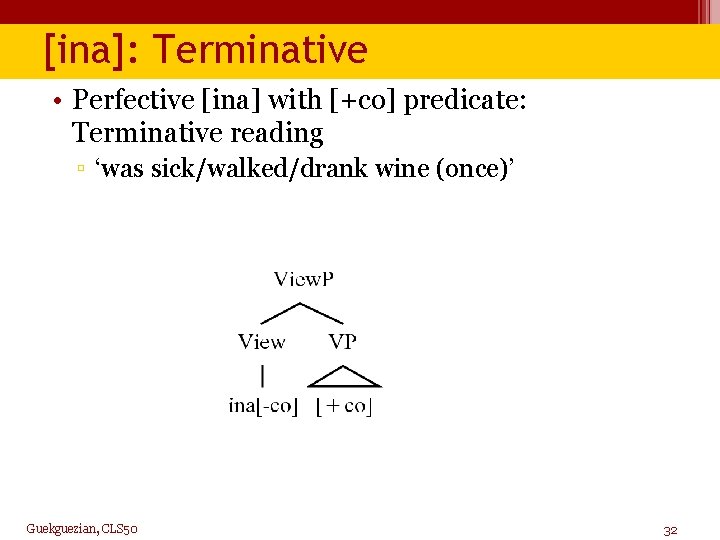 [ina]: Terminative • Perfective [ina] with [+co] predicate: Terminative reading ▫ ‘was sick/walked/drank wine