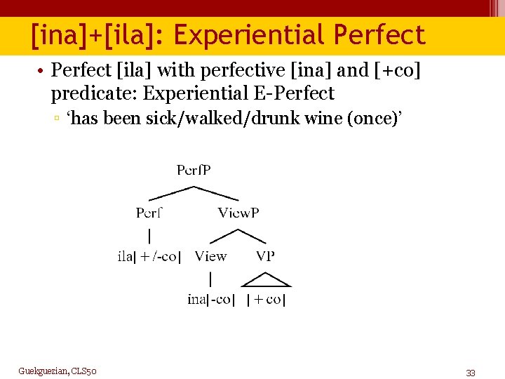 [ina]+[ila]: Experiential Perfect • Perfect [ila] with perfective [ina] and [+co] predicate: Experiential E-Perfect