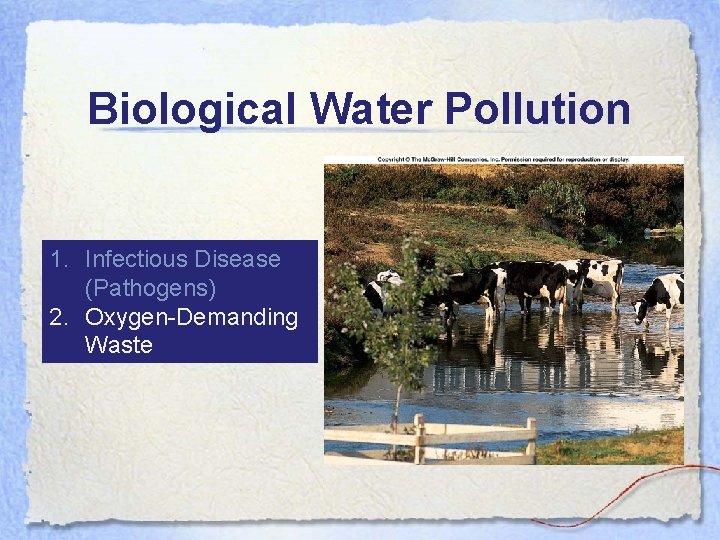 Biological Water Pollution 1. Infectious Disease (Pathogens) 2. Oxygen-Demanding Waste 