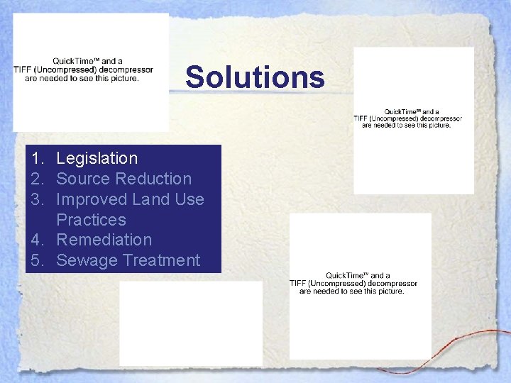 Solutions 1. Legislation 2. Source Reduction 3. Improved Land Use Practices 4. Remediation 5.